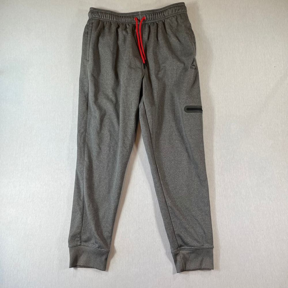 Reebok Jogger Sweatpants Men Large Gray Fleece Lined Back Zipper Pocket Sport